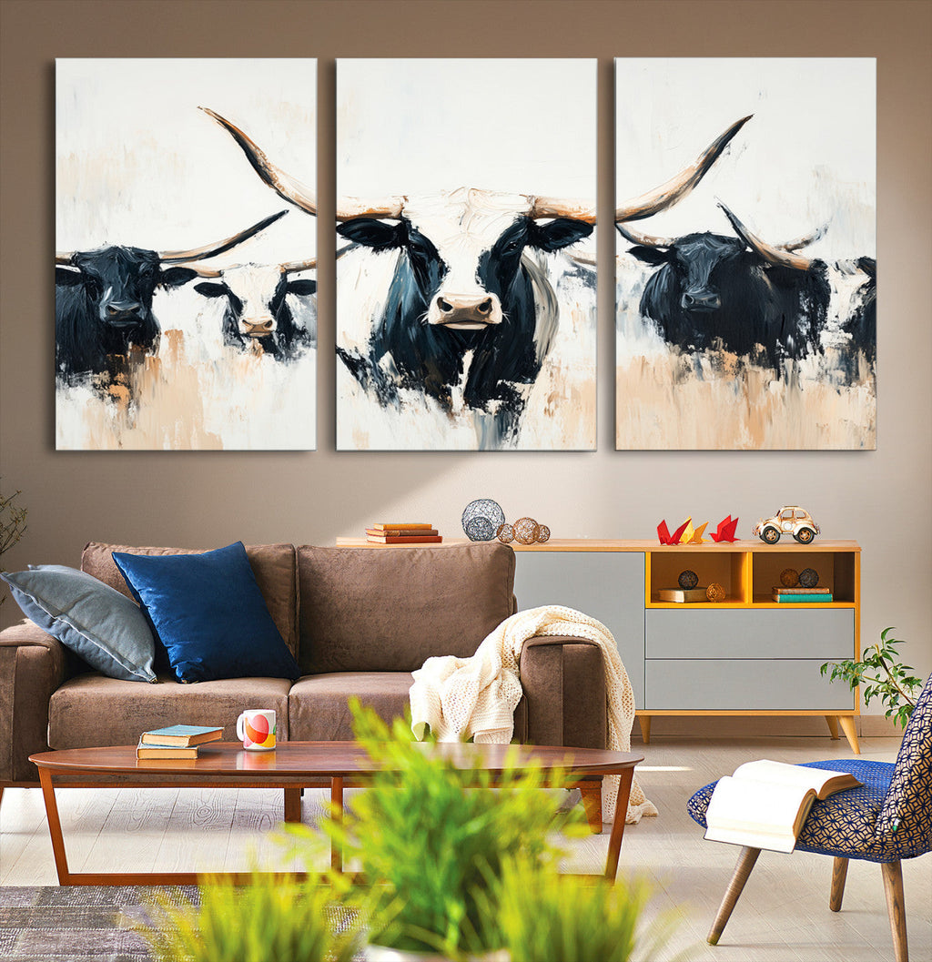 Texas Longhorn Wall Art Canvas Print | Majestic Horned Bull in Black and White