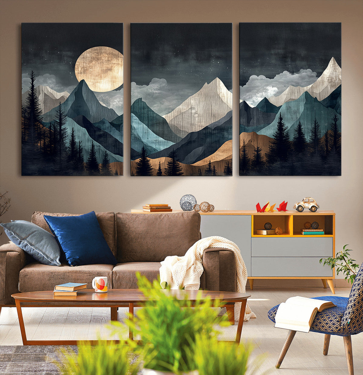 Moonlit Mountain Wall Art Canvas Print, Framed Silhouetted Pines Art, Layered Peaks Rustic Decor