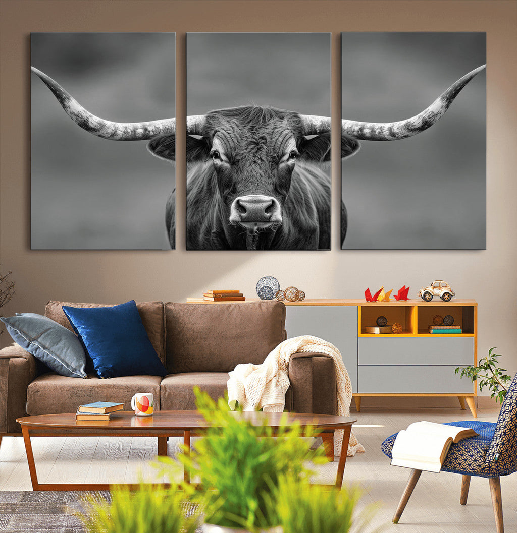 Texas Longhorn Wall Art Canvas Print, Framed Western Bull Photography, Rustic Log Cabin Decor