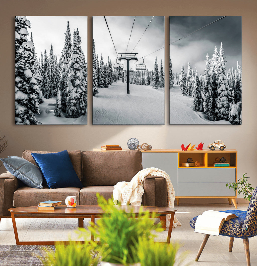 Snowy Pines Wall Art Canvas Print | Ski Lift in a Winter Forest