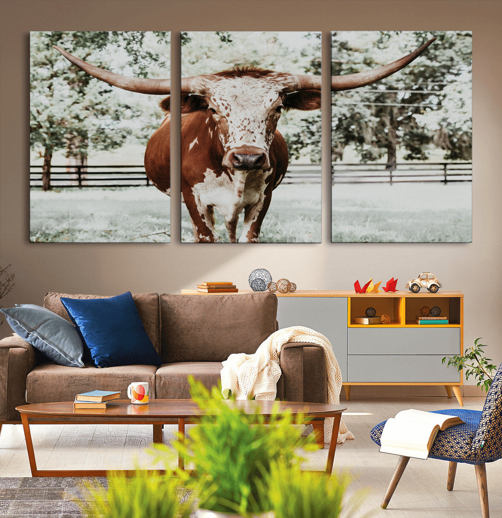 Texas Longhorn Wall Art Canvas Print | Framed Spotted Brown and White Bull