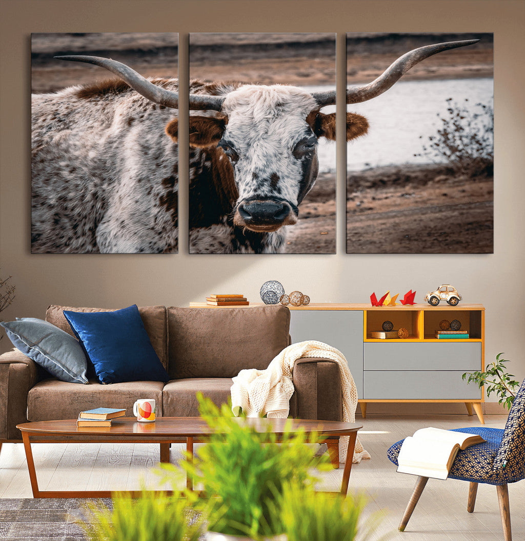 Texas Longhorn Wall Art Canvas Print | Framed Brown and White Spotted Longhorn