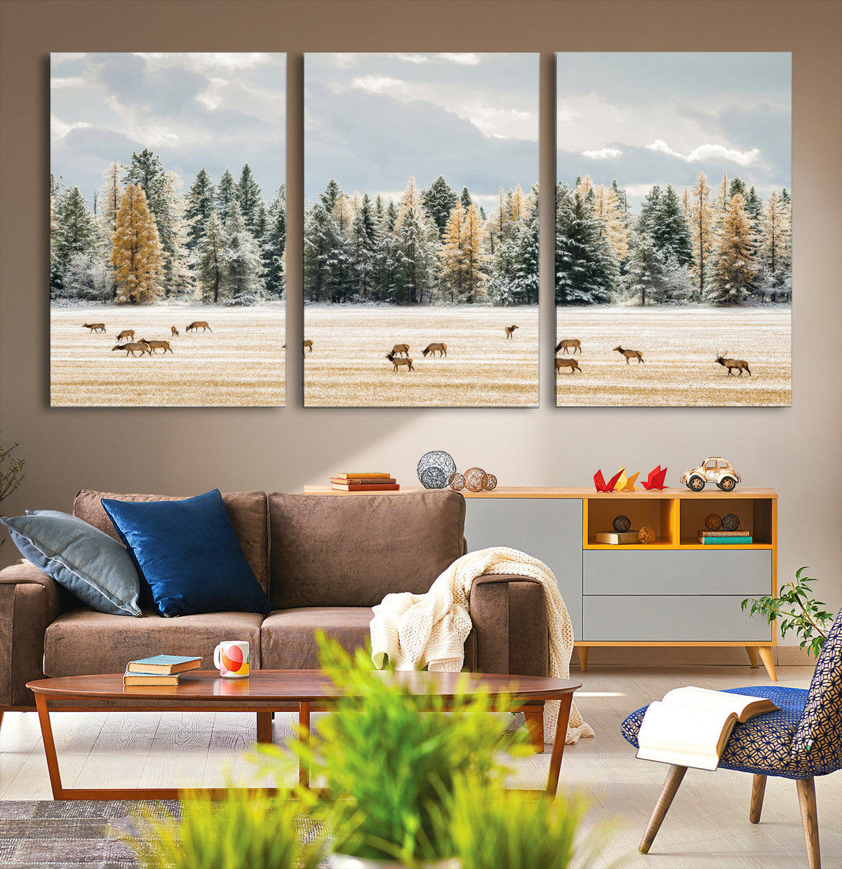 Elk Herd Wall Art, Framed Snowy Forest Canvas Artwork