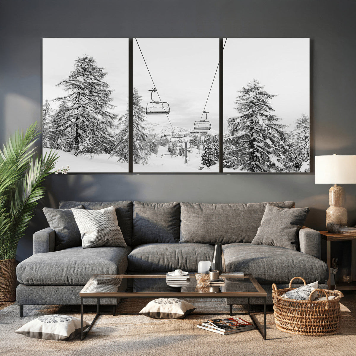 Snowy Ski Lift Wall Art | Framed Winter Forest Canvas