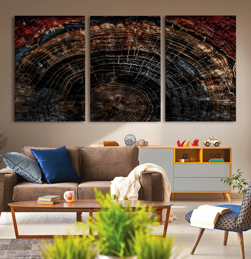 Dark Wood Ring Wall Art Canvas Print, Framed Abstract Tree Slice Print, Rustic Wood Grain Decor