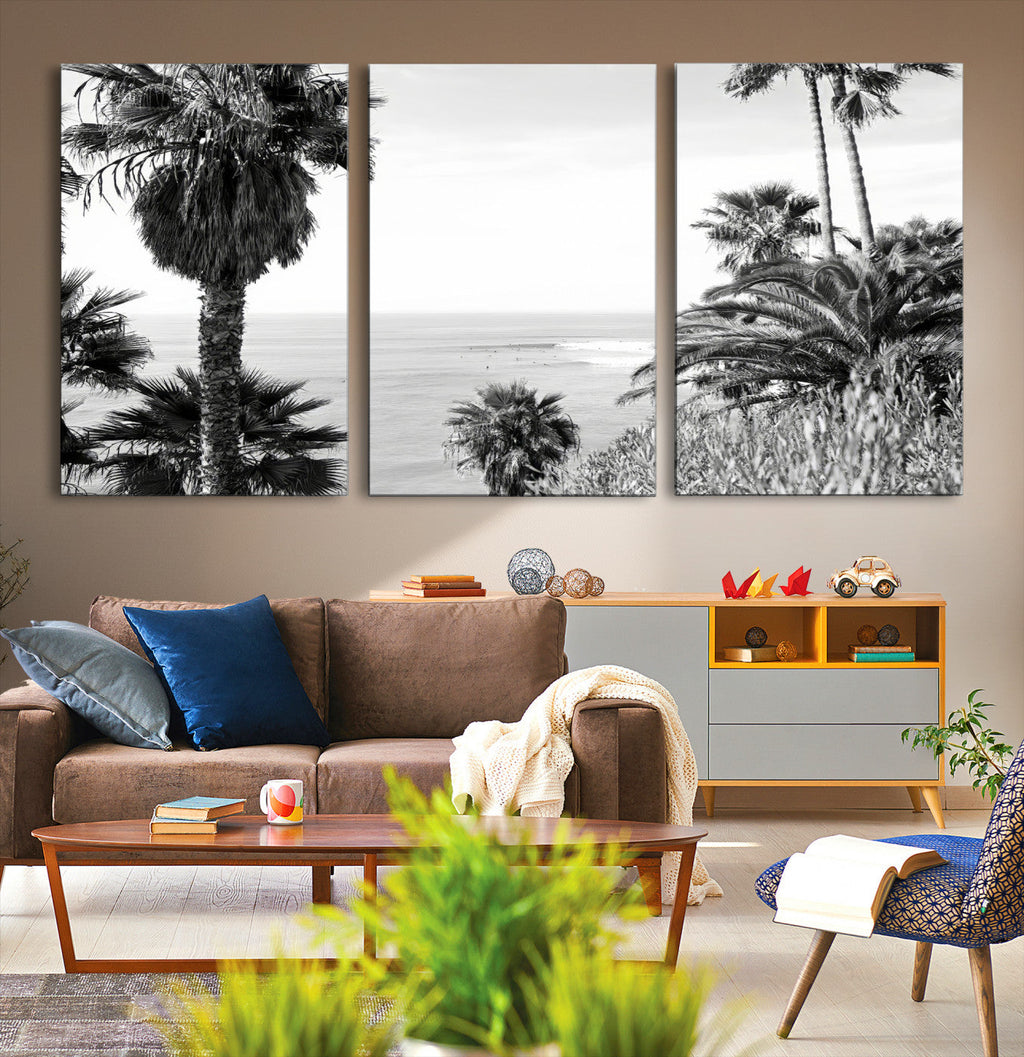 Palm Trees Wall Art Canvas Print, Framed Coastal Ocean Horizon Monochrome Art