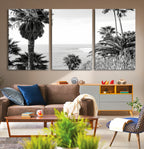 Palm Trees Wall Art Canvas Print, Framed Coastal Ocean Horizon Monochrome Art
