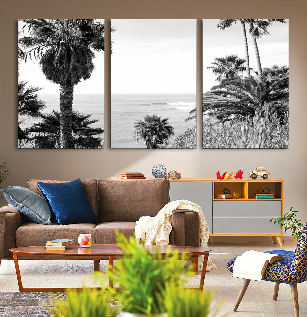 Palm Trees Wall Art Canvas Print, Framed Coastal Ocean Horizon Monochrome Art
