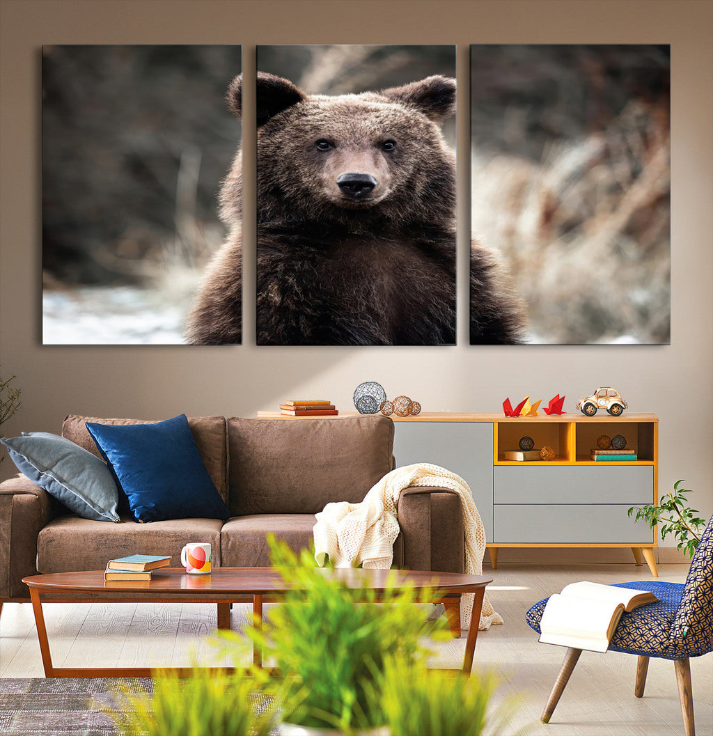 Brown Bear Wall Art Canvas Print, Framed Majestic Woodland Wildlife Cabin Art