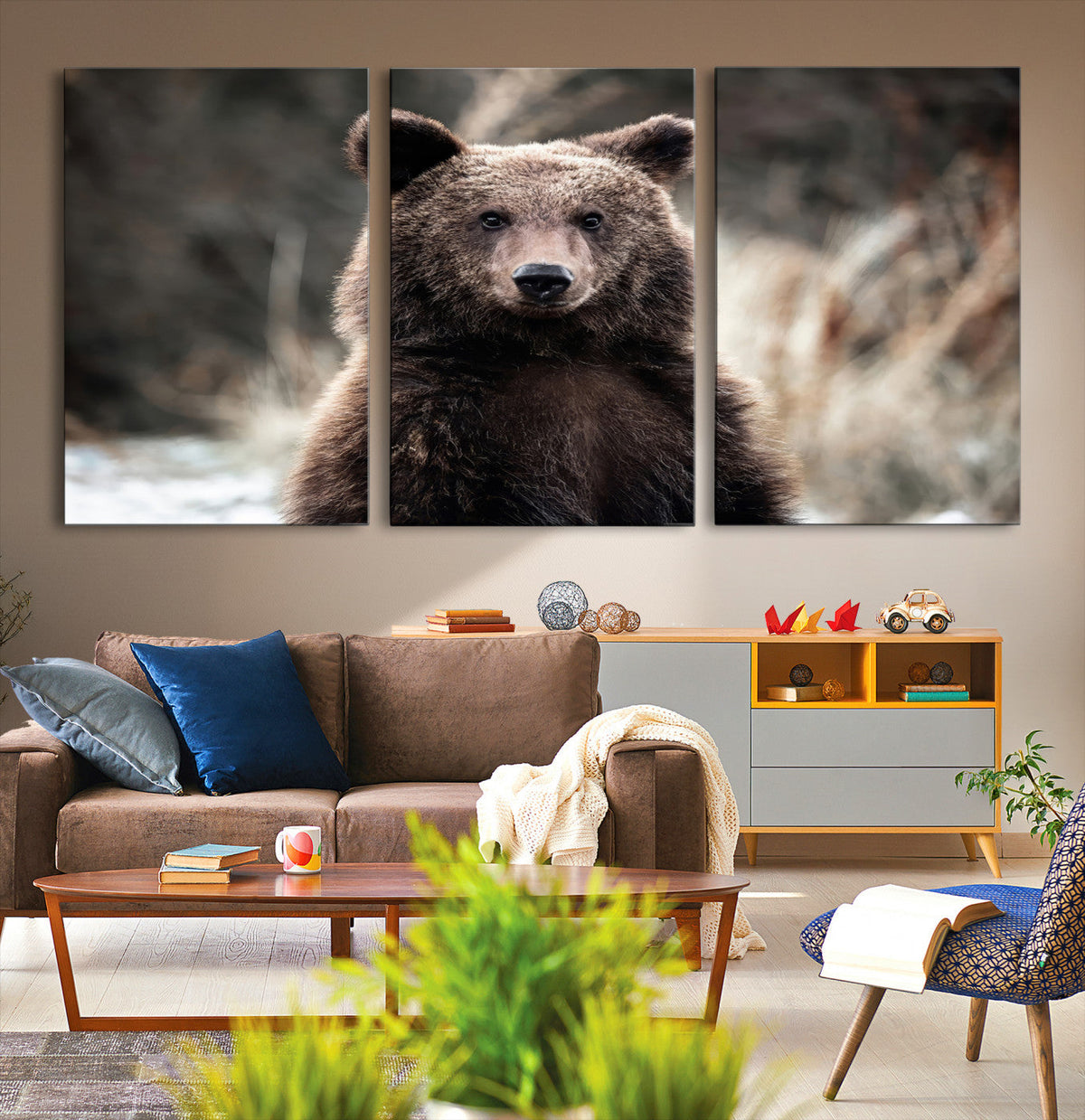Brown Bear Wall Art Canvas Print, Framed Majestic Woodland Wildlife Cabin Art