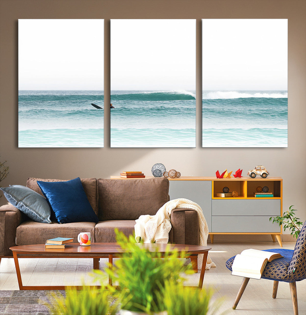 Surfing Wall Art Canvas Print, Framed Minimalist Ocean Waves Beach Art
