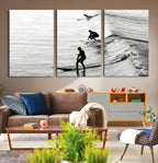 Surfers on Waves Wall Art Canvas Print | Framed Black and White Surf