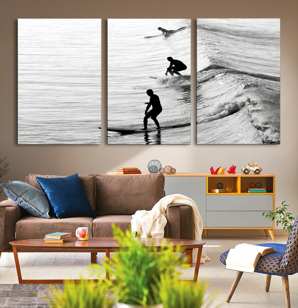 Surfers on Waves Wall Art Canvas Print | Framed Black and White Surf