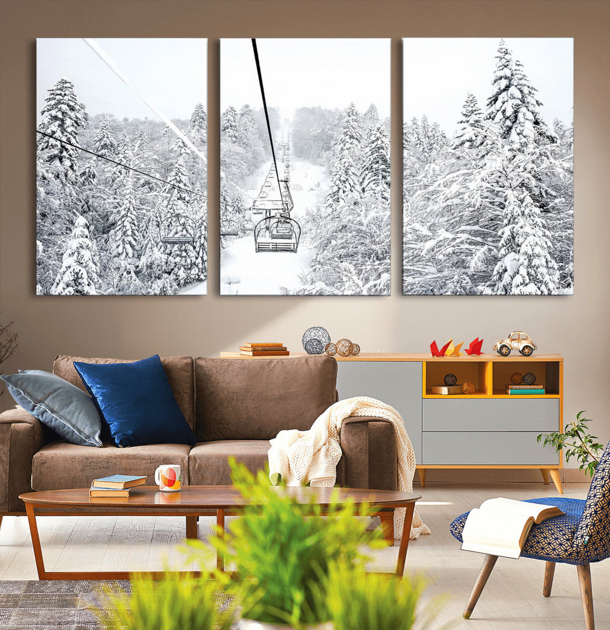 Snowy Ski Lift Wall Art | Framed Winter Mountain Canvas