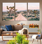 Joshua Tree Wall Art Canvas Print, Framed Desert Road Scene at Sunset