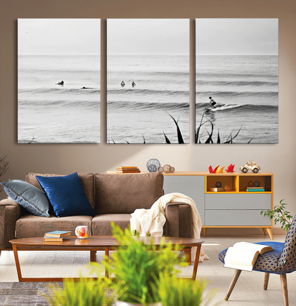 Surfer Silhouette Wall Art | Framed Calm Ocean Canvas