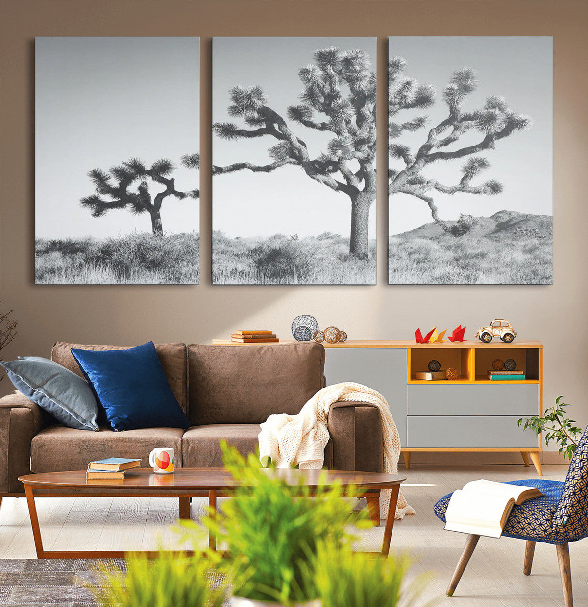 Joshua Tree Wall Art Canvas Print, Framed Black and White Desert Landscape Artwork