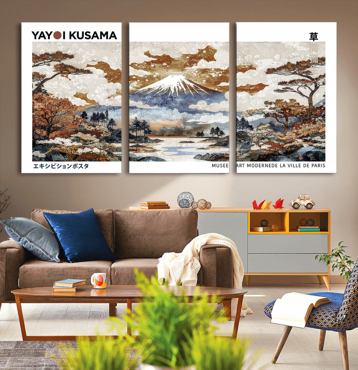 Modern Japanese Mount Fuji Canvas Art Print, Yayoi Kusama Wall Art, Framed Abstract Japanese Landscape