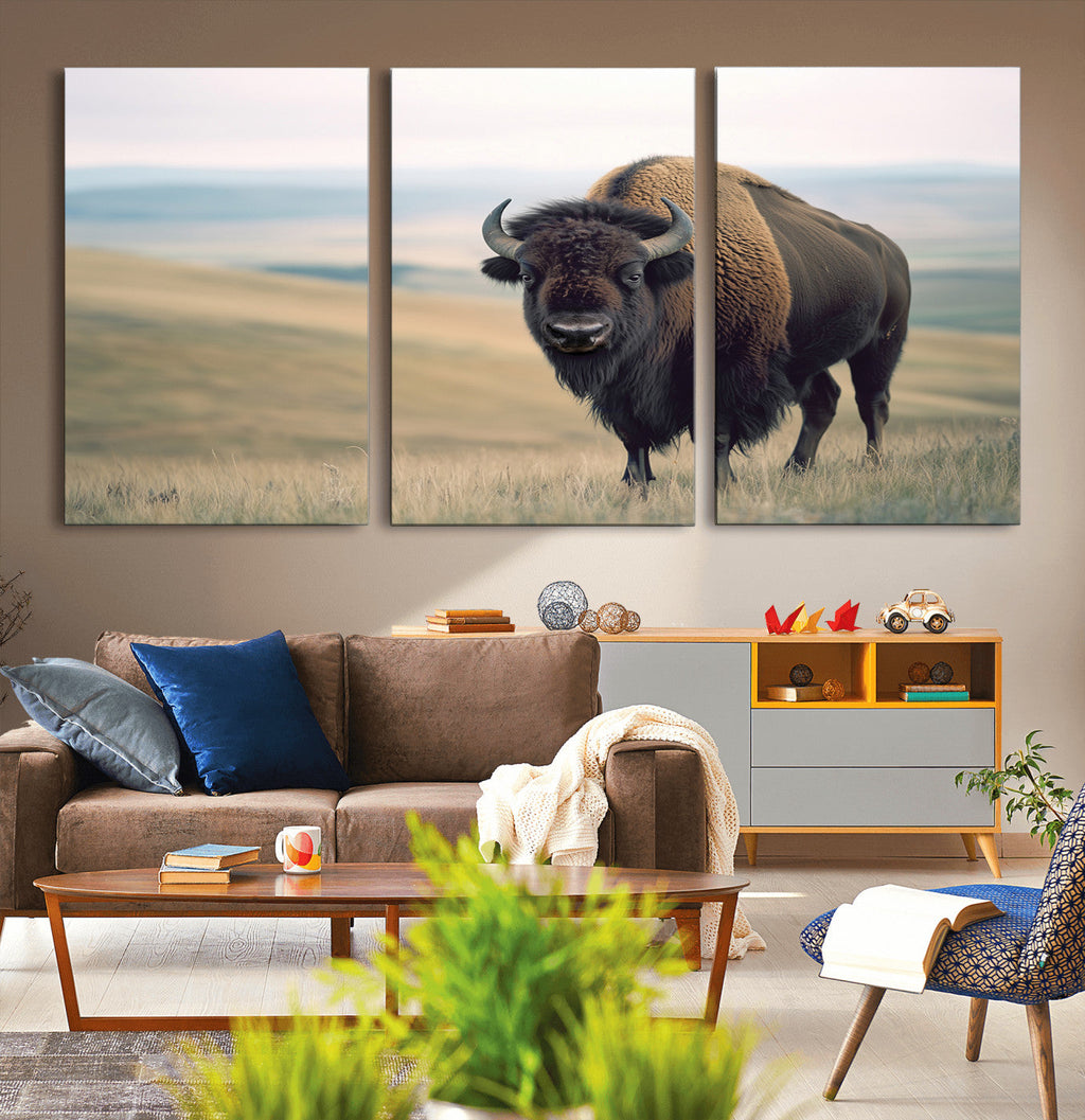 Bison Wall Art Canvas Print, Framed American Buffalo Rustic Western Artwork