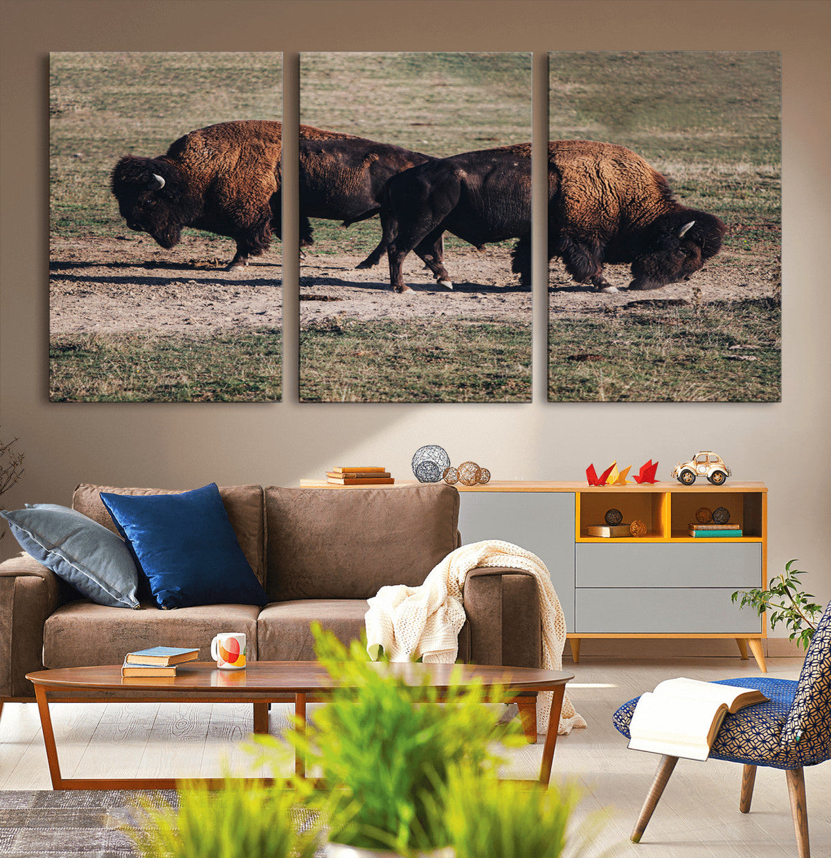 Bison Wall Art Canvas Print, Framed Western Wildlife Modern Ranch