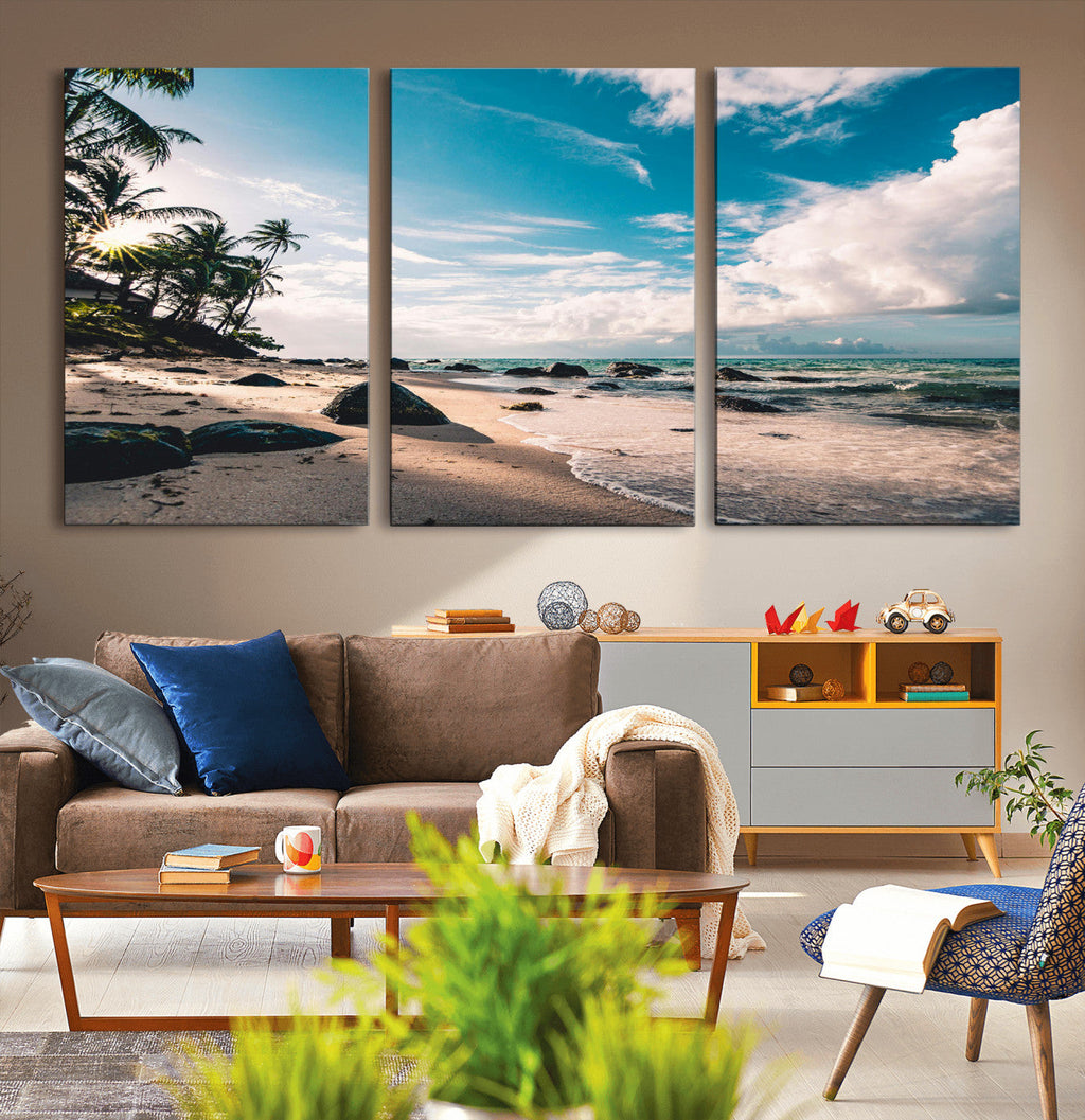 Tropical Beach Wall Art Canvas Print, Framed Ocean Waves Relaxing Seascape