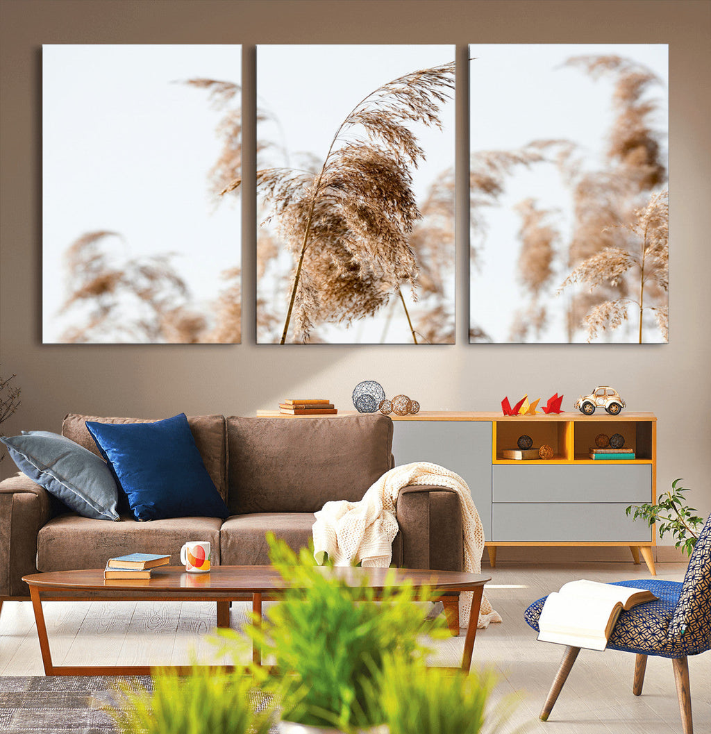 Pampas Grass Wall Art Canvas Print, Framed Neutral Tones Minimalist Boho
