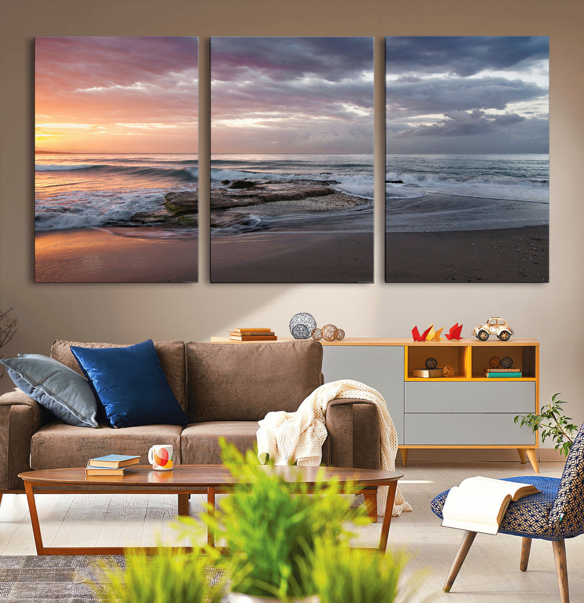 Golden Hour Wall Art Canvas Print, Framed Tranquil Waves Beach Sunset