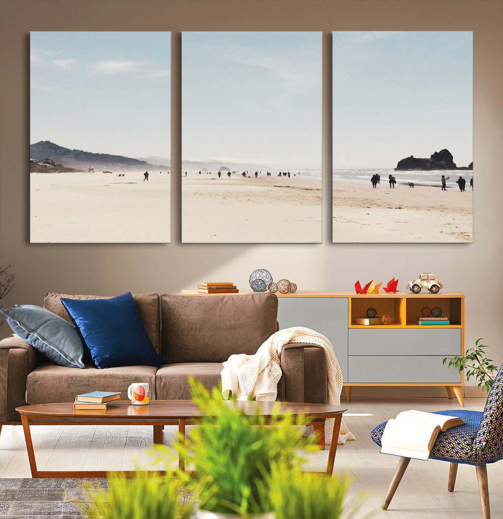 Minimalist Beach Wall Art Canvas Print, Framed Coastal Serenity Soft Sand