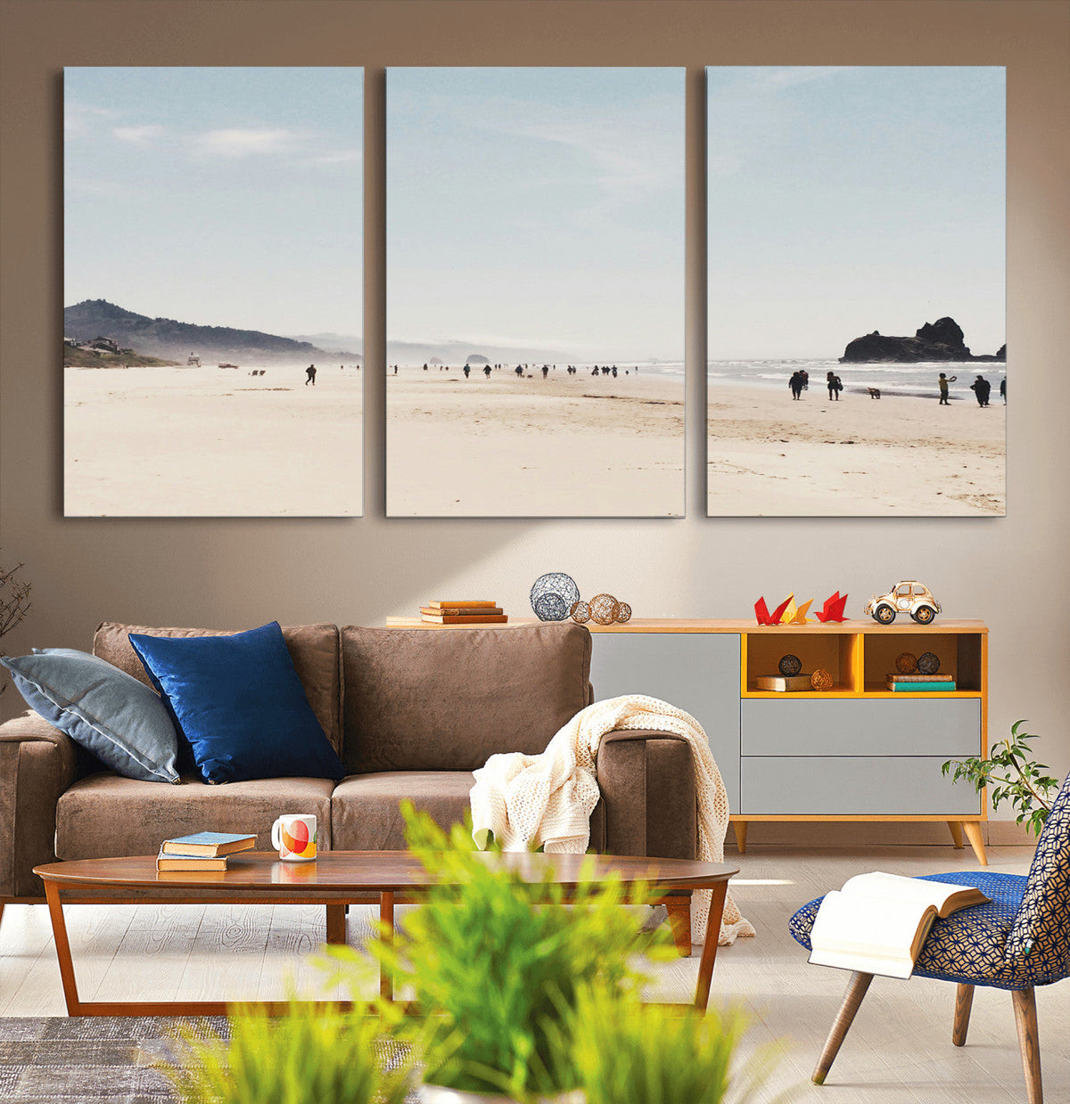Minimalist Beach Wall Art Canvas Print, Framed Coastal Serenity Soft Sand