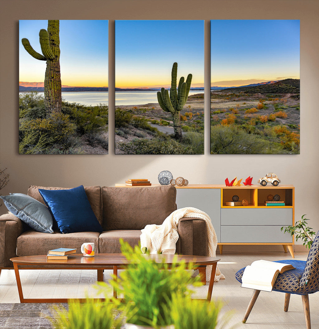 Saguaro Cactus Wall Art Canvas Print, Framed Desert Sunset Southwestern