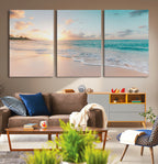 Beach Sunset Wall Art Canvas Print, Framed Ocean Waves Summer Escape