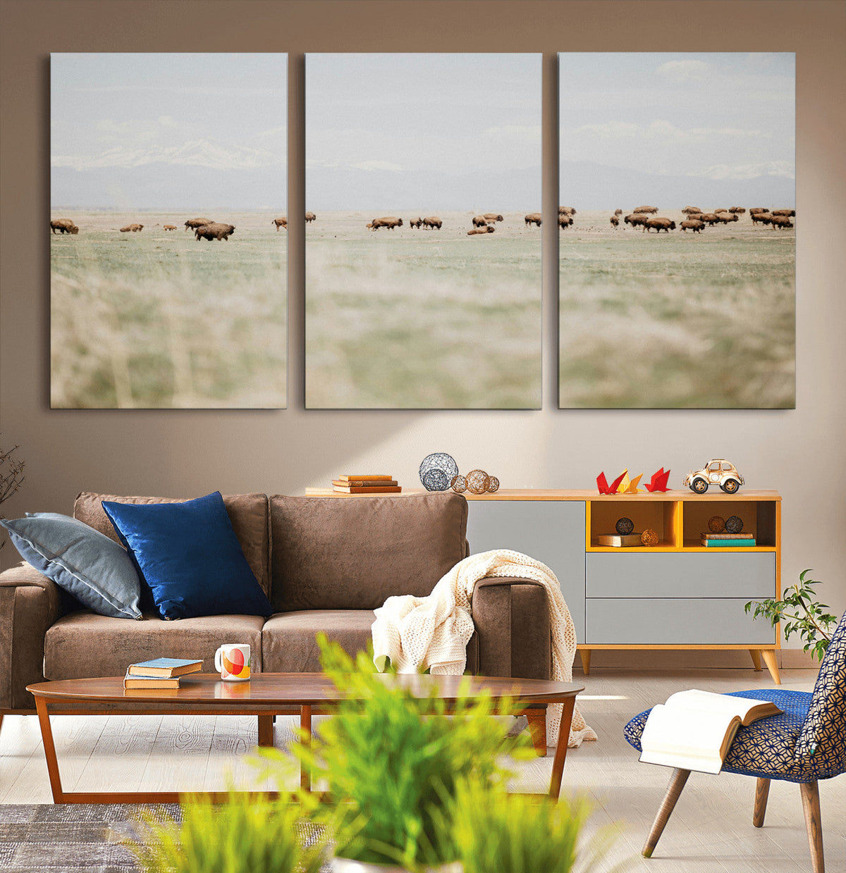 Bison Herd Wall Art Canvas Print, Framed Western Ranch Nature Scene