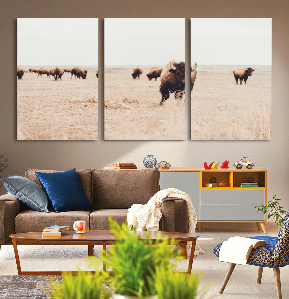 Bison Herd Wall Art Canvas Print, Framed Western Prairie Serenity