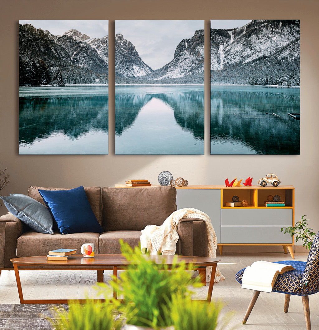 Mountain Lake Wall Art Canvas Print, Framed Toblacher See Winter Wonderland