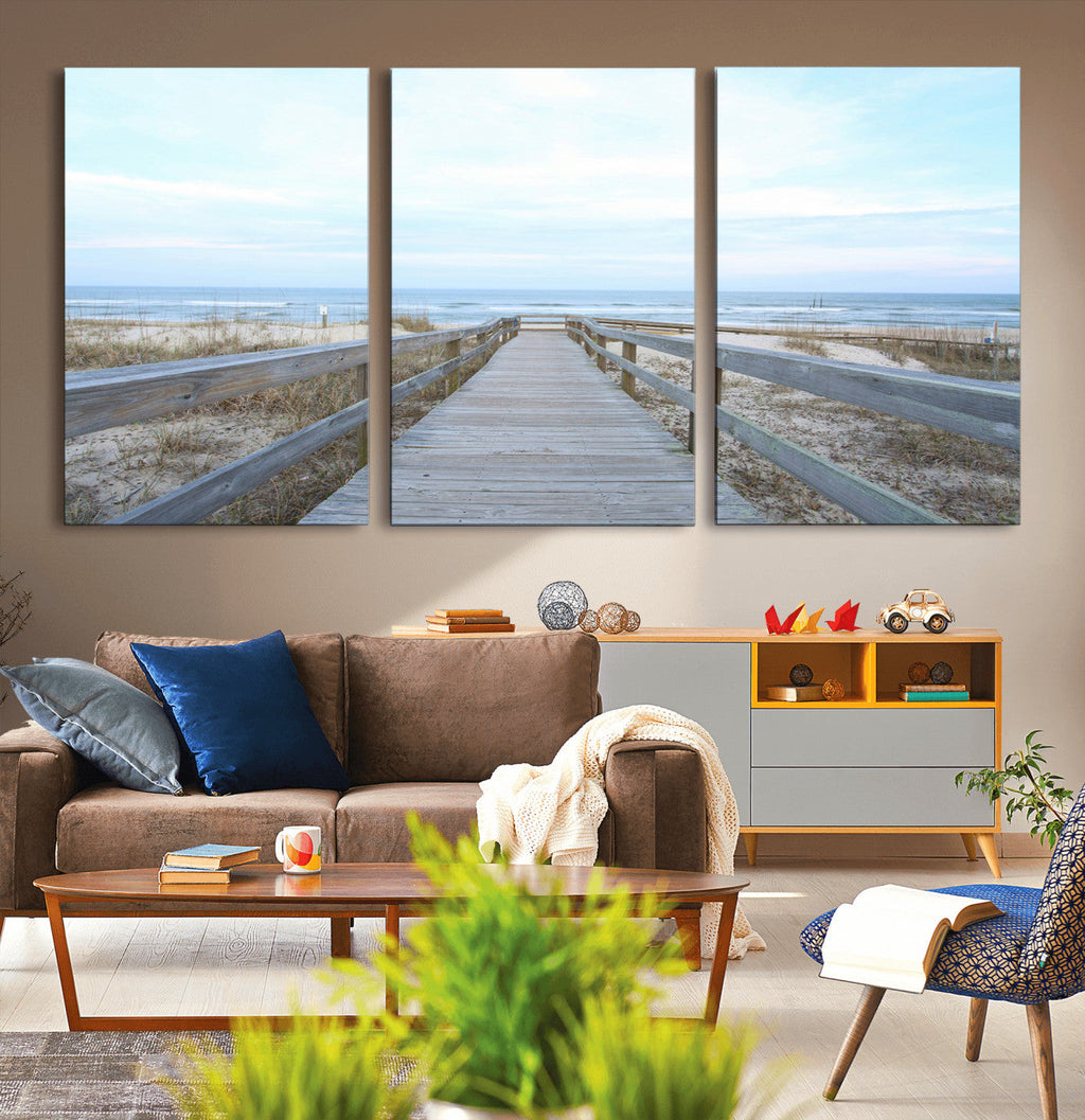 Beach Boardwalk Wall Art Canvas Print, Framed Coastal Serenity Ocean View