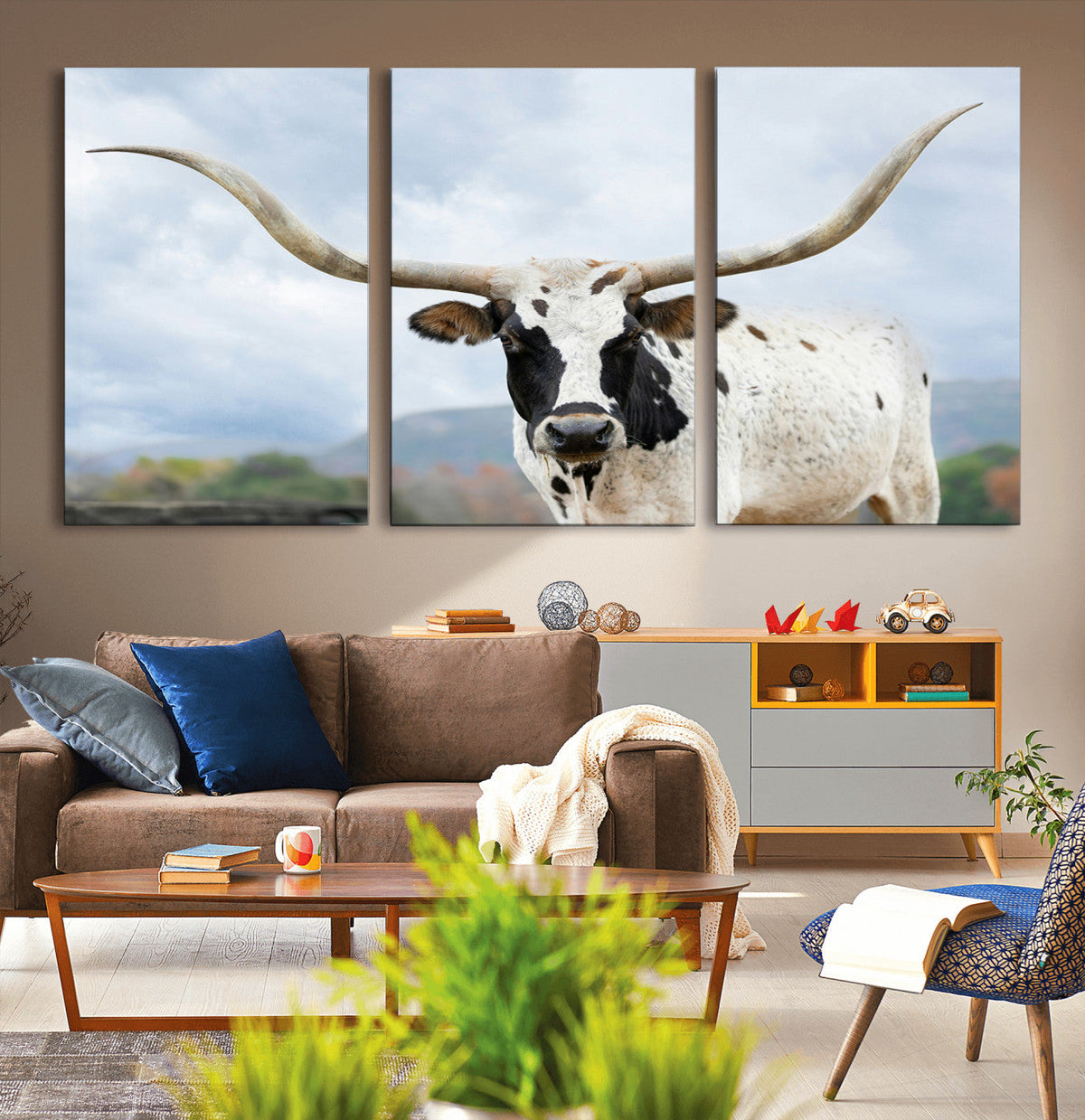 Texas Longhorn Wall Art Canvas Print, Framed Western Rustic Farmhouse