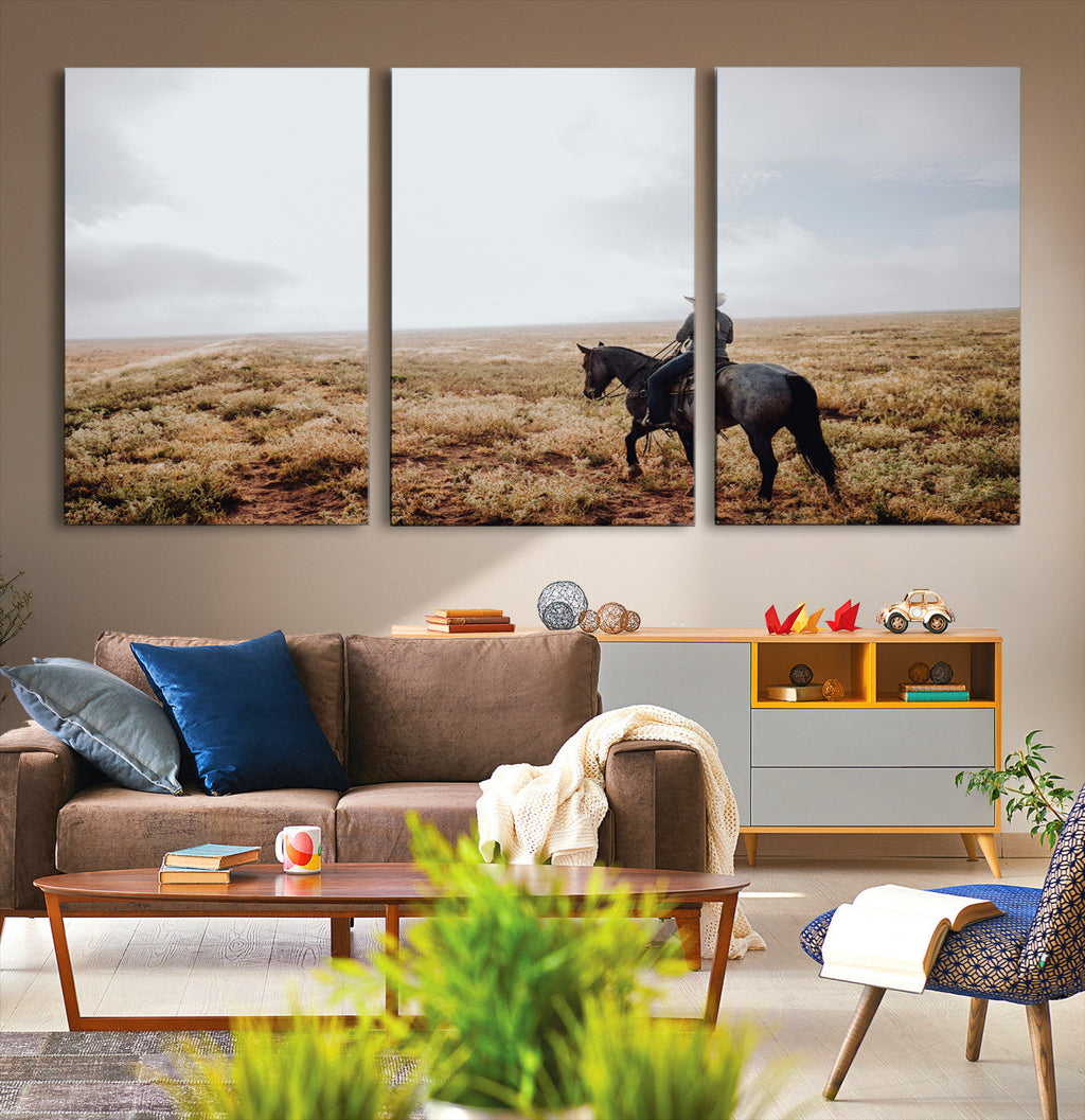 Cowboy Wall Art Canvas Print, Framed Western Rustic Ranch Scene