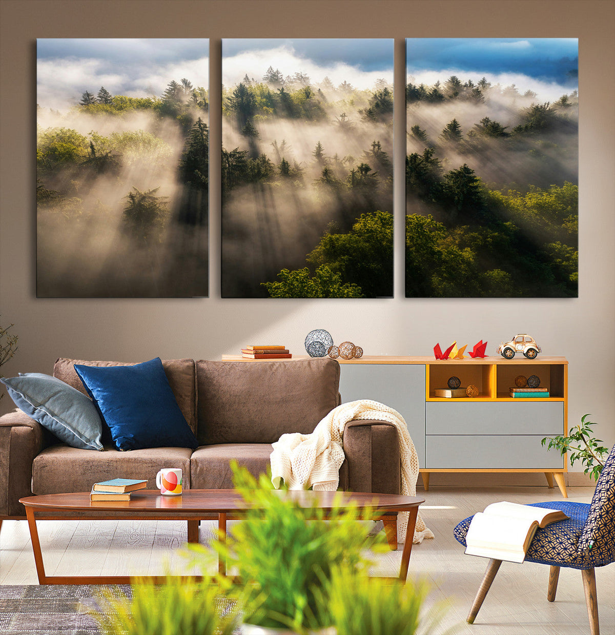 Tranquil Forest Scene Wall Art Canvas Print, Framed Moody Sunbeam Through Trees