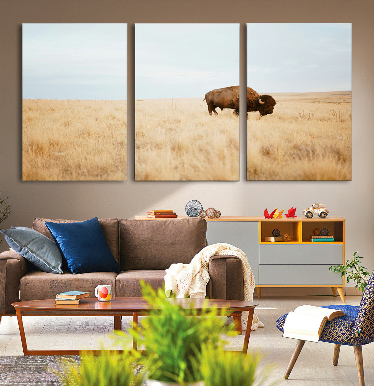 Buffalo Wall Art Canvas Print, Framed Western Wildlife Rustic Prairie Scene