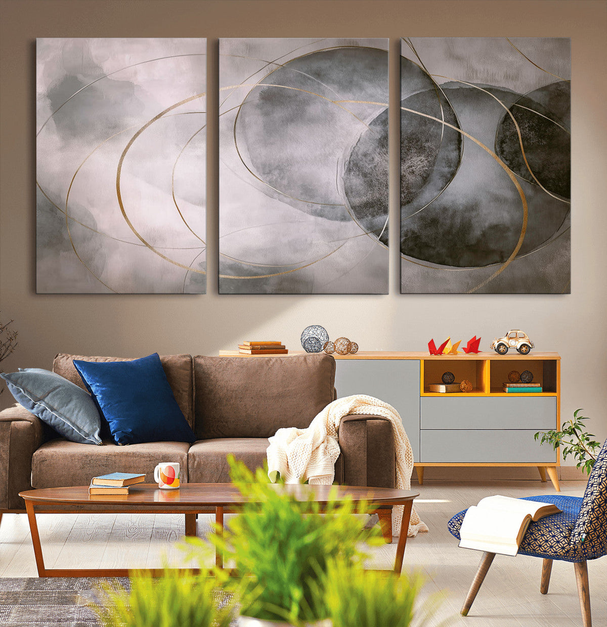 Abstract Grey Gold Wall Art | Modern Geometric Canvas