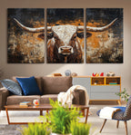 Abstract Longhorn Bull Wall Art Canvas Print, Vintage Western Texas Steer Artwork