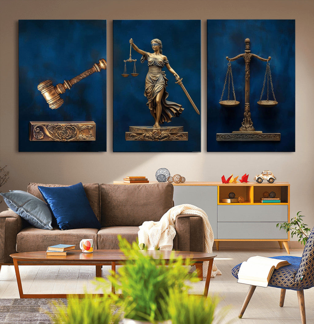 Lady Justice Wall Art Canvas Print, Elegant Gold Legal Symbols on Blue, Law Office Decor