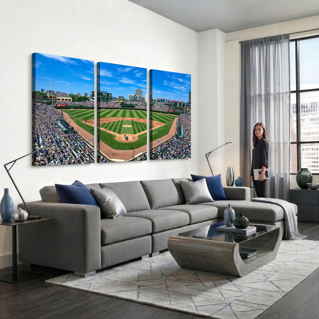 Wrigley Field Baseball Stadium Canvas Wall Art, Packed Crowd and Chicago Skyline