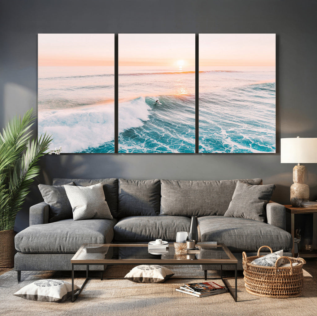 Sunset Surfing Wall Art Canvas Print, Ocean Wave Surfer with Golden Sky