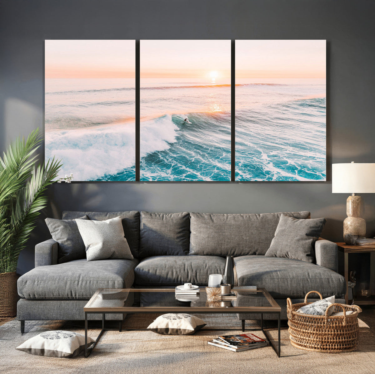 Sunset Surfing Wall Art Canvas Print, Ocean Wave Surfer with Golden Sky