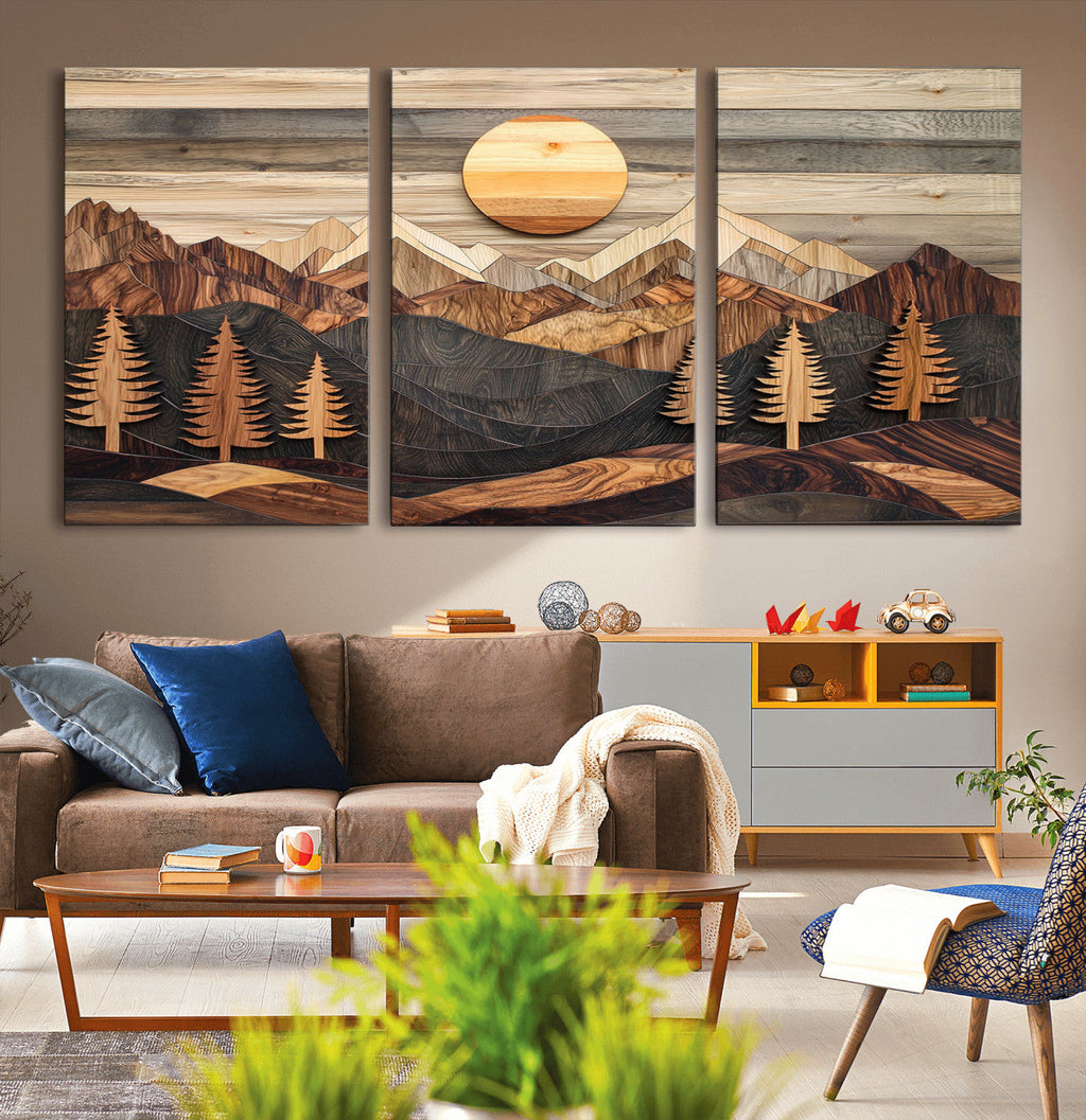 Wooden Mountain Layers Art | Rustic Pine Tree Landscape