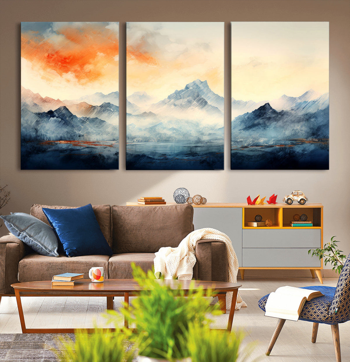 Warm Clouds Abstract Mountain Wall Art, Modern Landscape Canvas Print