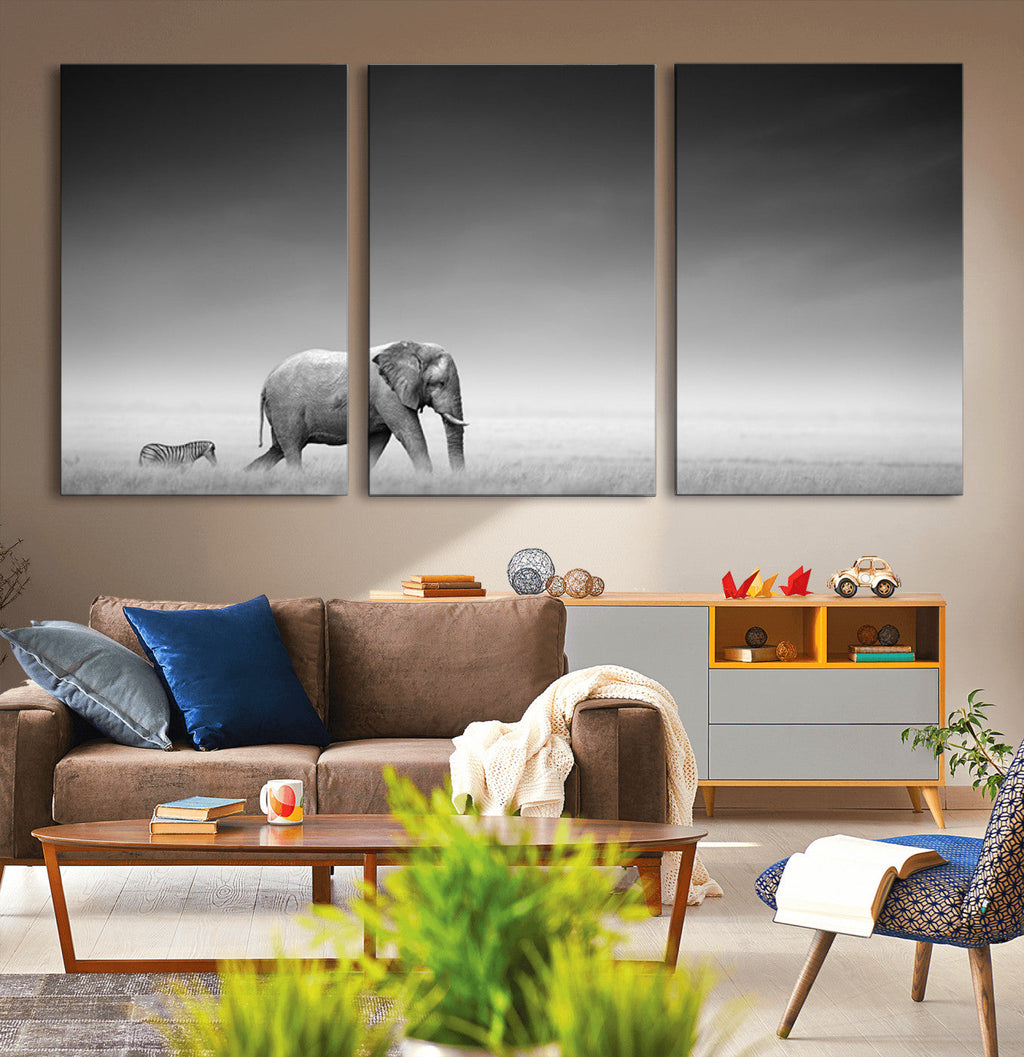 Elephant and Zebra Wall Art Canvas Print, Modern Artwork