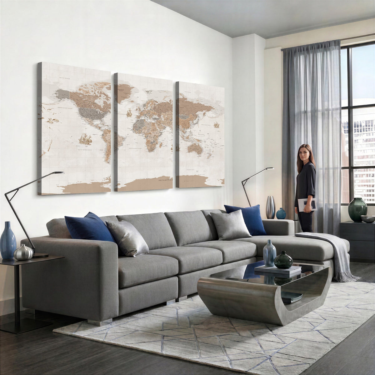 Framed Large World Map Canvas Print for Office Decor