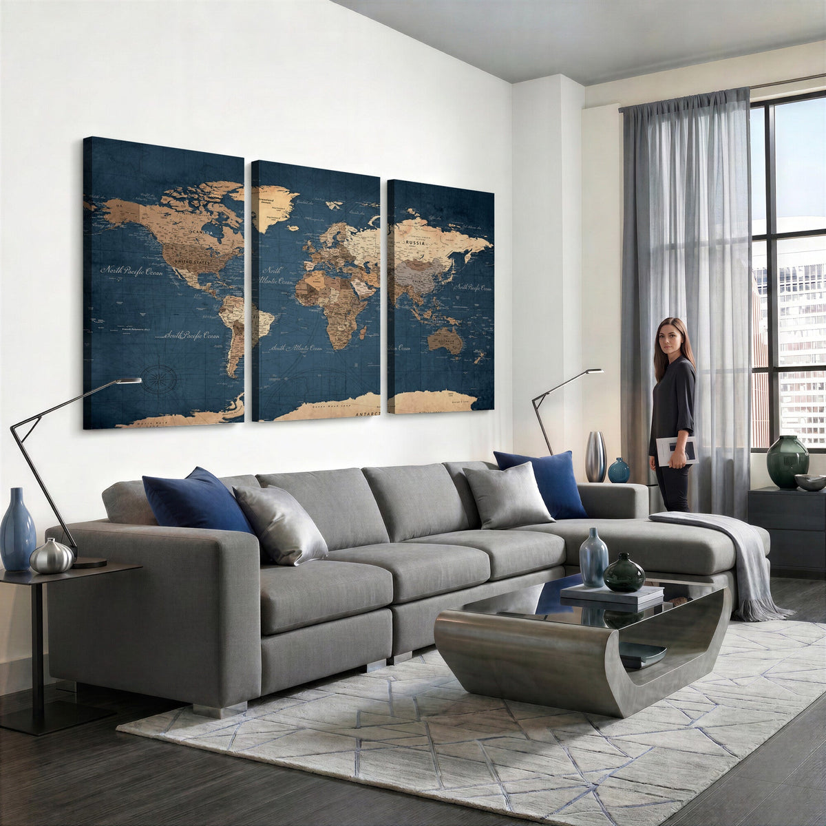 Navy Blue World Map Canvas Print | Framed Travel Map Wall Art